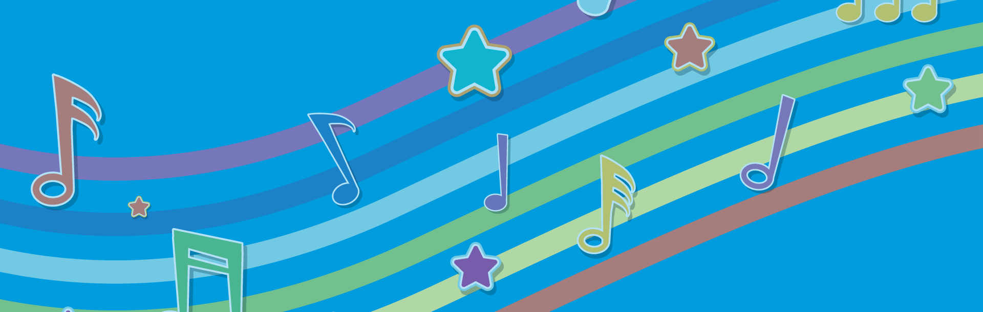Blue background with rainbow staff and music notes with stars