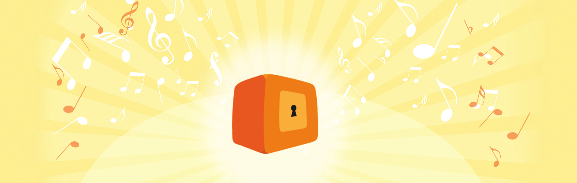Orange lockbox over abstract yellow background with white, yellow, and orange music notes