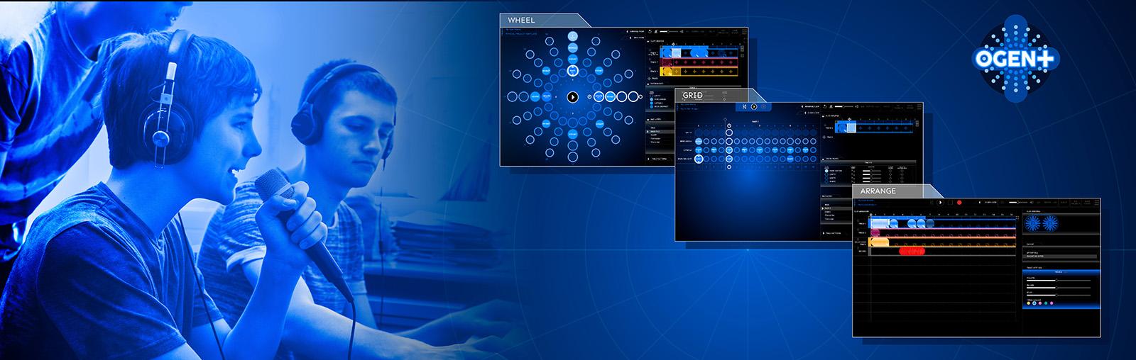 An image showing three teenage students in a classroom setting, each wearing headphones and using microphones, indicating an audio recording or music creation activity. The background features a series of digital music production interfaces labeled "WHEEL," "GRID," and "ARRANGE," displayed on screens, showcasing various aspects of music composition and arrangement software. The overall theme is dominated by shades of blue, and the OGEN+ logo is prominently displayed in the top right corner.