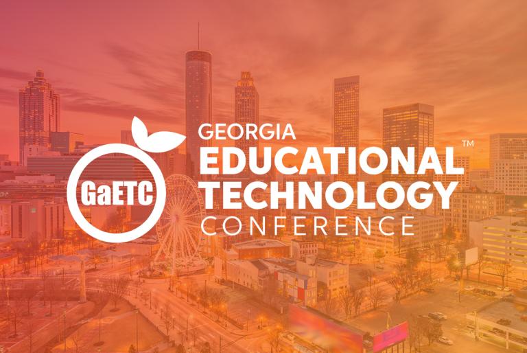 Georgia Educational Technology Conference logo over gradient background of Atlanta skyline