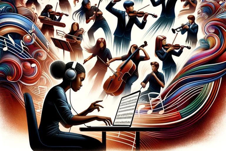 Illustration of woman sitting in front of laptop surrounded by abstract images of high school music performance ensembles