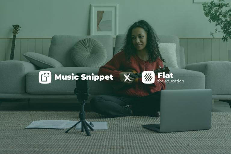 Music Snippet x Flat for Education logos over image of girl playing guitar in front of a laptop and phone on tripod