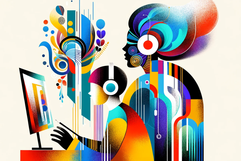 Abstract illustration of teacher and student wearing headphones and looking at a computer screen