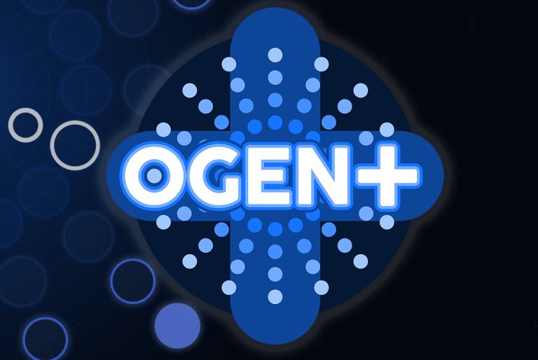  ChatGPT The image features a logo with the text "OGEN+" prominently displayed in a stylized, bold font. The logo design includes a pattern of various-sized circles and dots, creating a symmetrical, abstract cross-like shape behind the text. The background is dark blue with lighter blue circular patterns, adding depth and a sense of movement to the overall design.