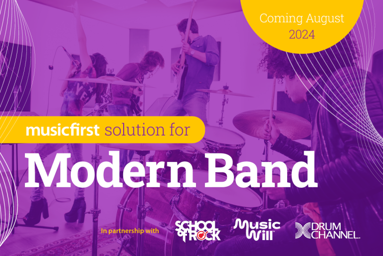 This image is a promotional banner for MusicFirst's upcoming solution for Modern Band, set to launch in August 2024. The banner features a vibrant purple overlay with images of young musicians engaged in various activities, such as playing drums, guitar, and keyboards. The main text reads "musicfirst solution for Modern Band" in bold white and yellow letters. Below, a tagline states "Coming August 2024" and lists partners "School of Rock, Music Will, Drum Channel" with their logos. 