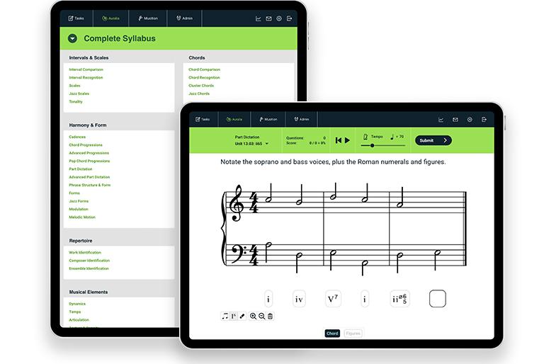 Auralia software application displayed on two iPads, one is horizontal and the other is vertical.