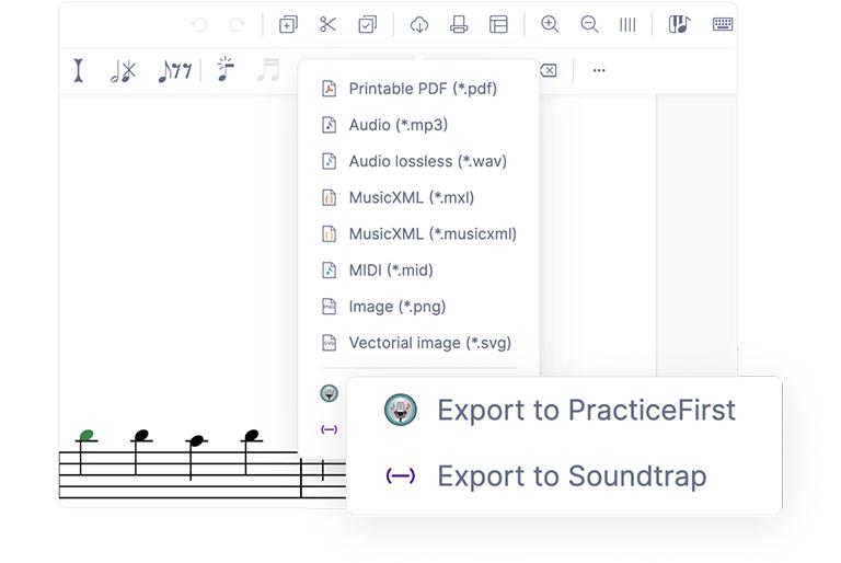 Flat for Education window open showing export to PracticeFirst and export to Soundtrap functions