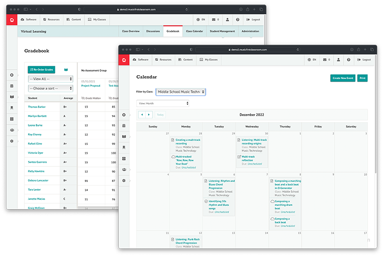 MusicFirst Classroom gradebook and calendar in internet browser windows