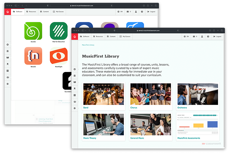 MusicFirst Classroom software integrations and library open in two browser windows