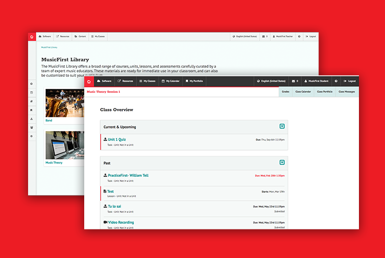 MusicFirst Classroom displayed on two browser windows over red background