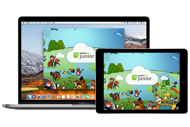 MusicFirst Junior software open on laptop computer and iPad