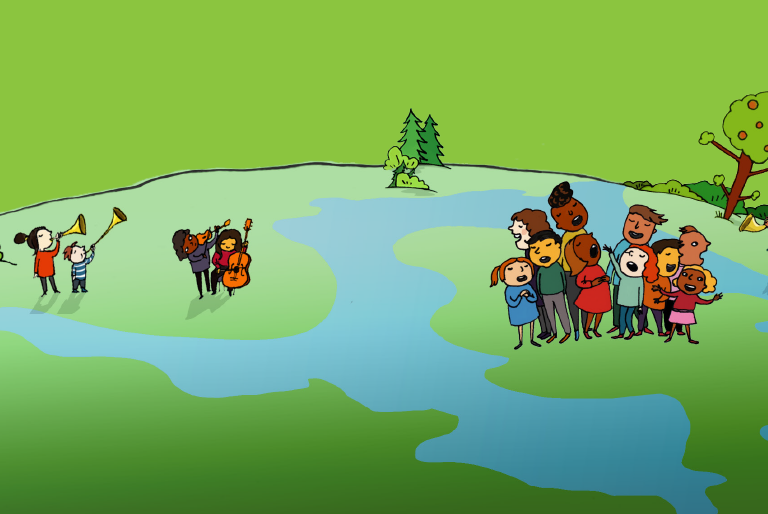 Illustration of children singing on a hill