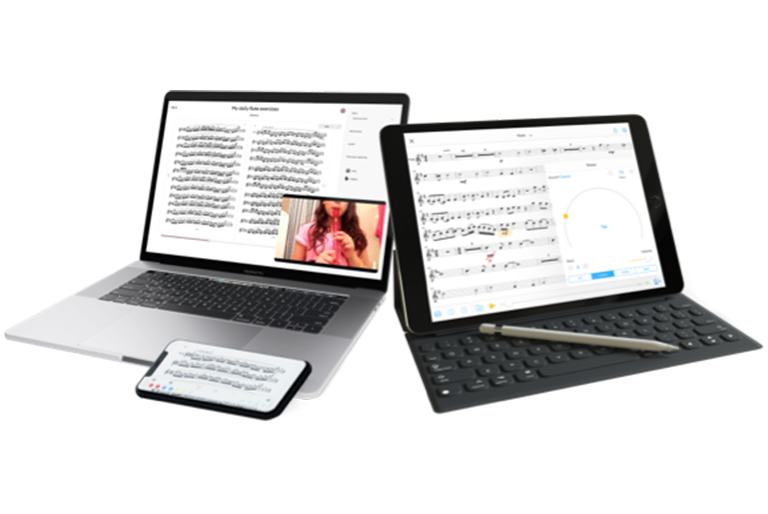 Newzik Education software displayed on a laptop, iPad, and iPhone