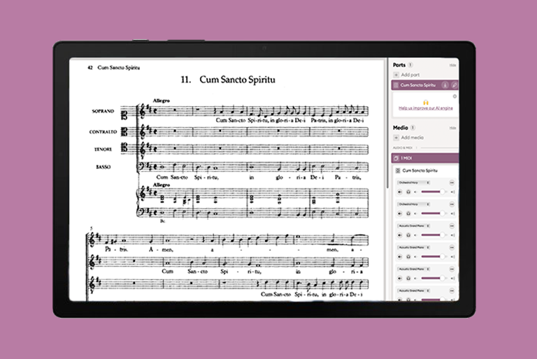Newzik Education notation software displayed on iPad over purple background
