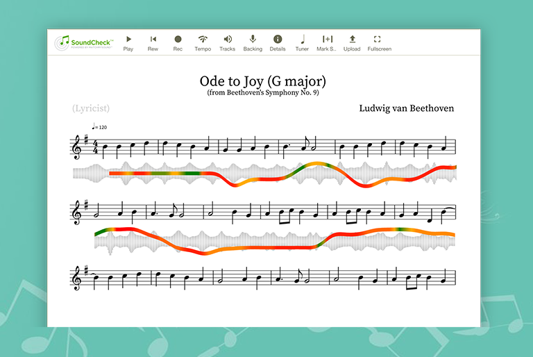 Noteflight Learn software in browser over aqua background with transparent abstract music notes