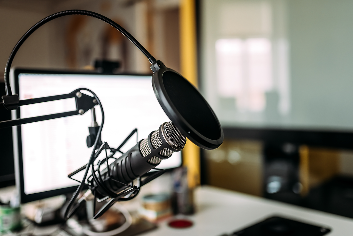 Podcast studio; microphone and computer