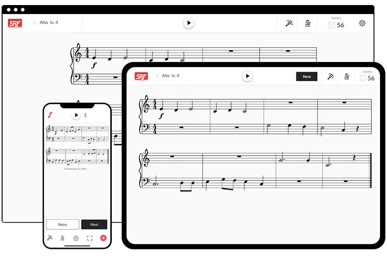 Sight Reading Factory software displayed on browser, iPad, and iPhone