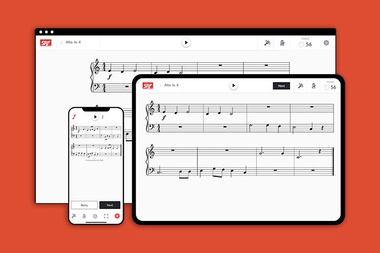 Sight Reading Factory software displayed on browser, iPad, and iPhone on red background