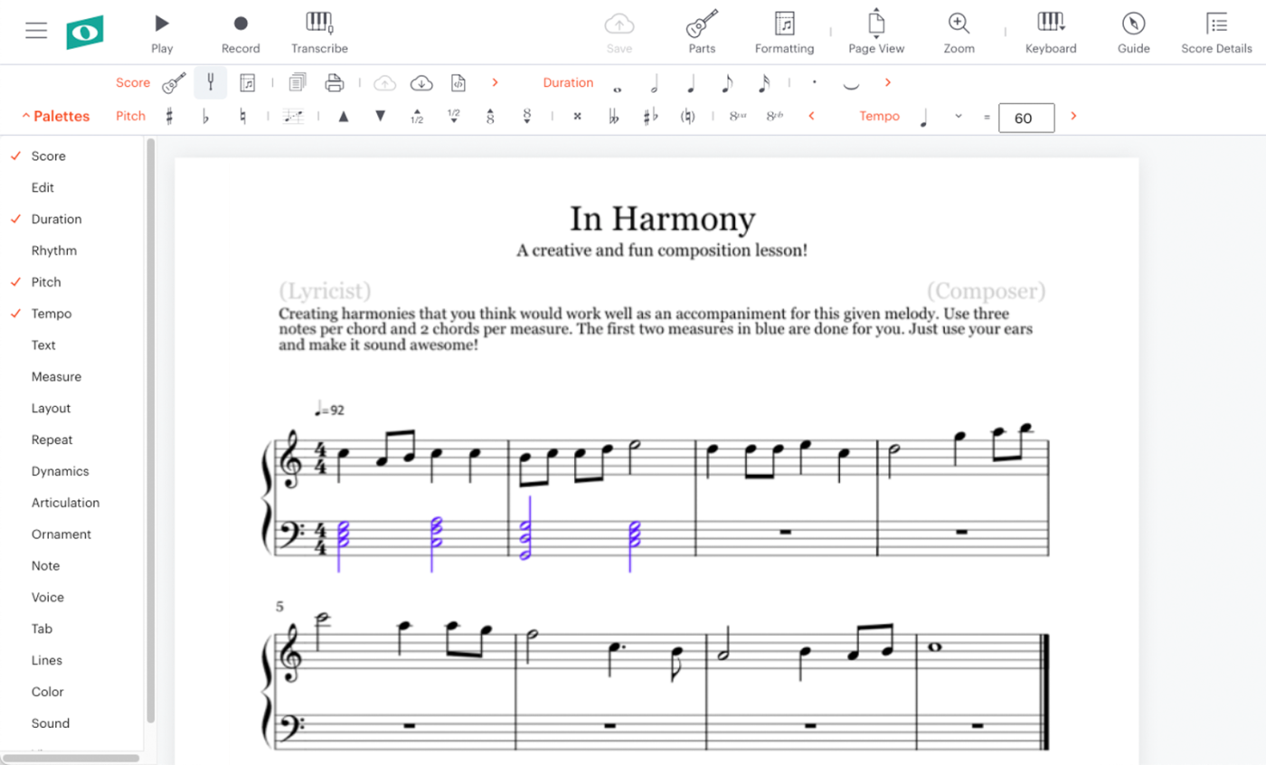 "In Harmony" Noteflight Learn exercise example