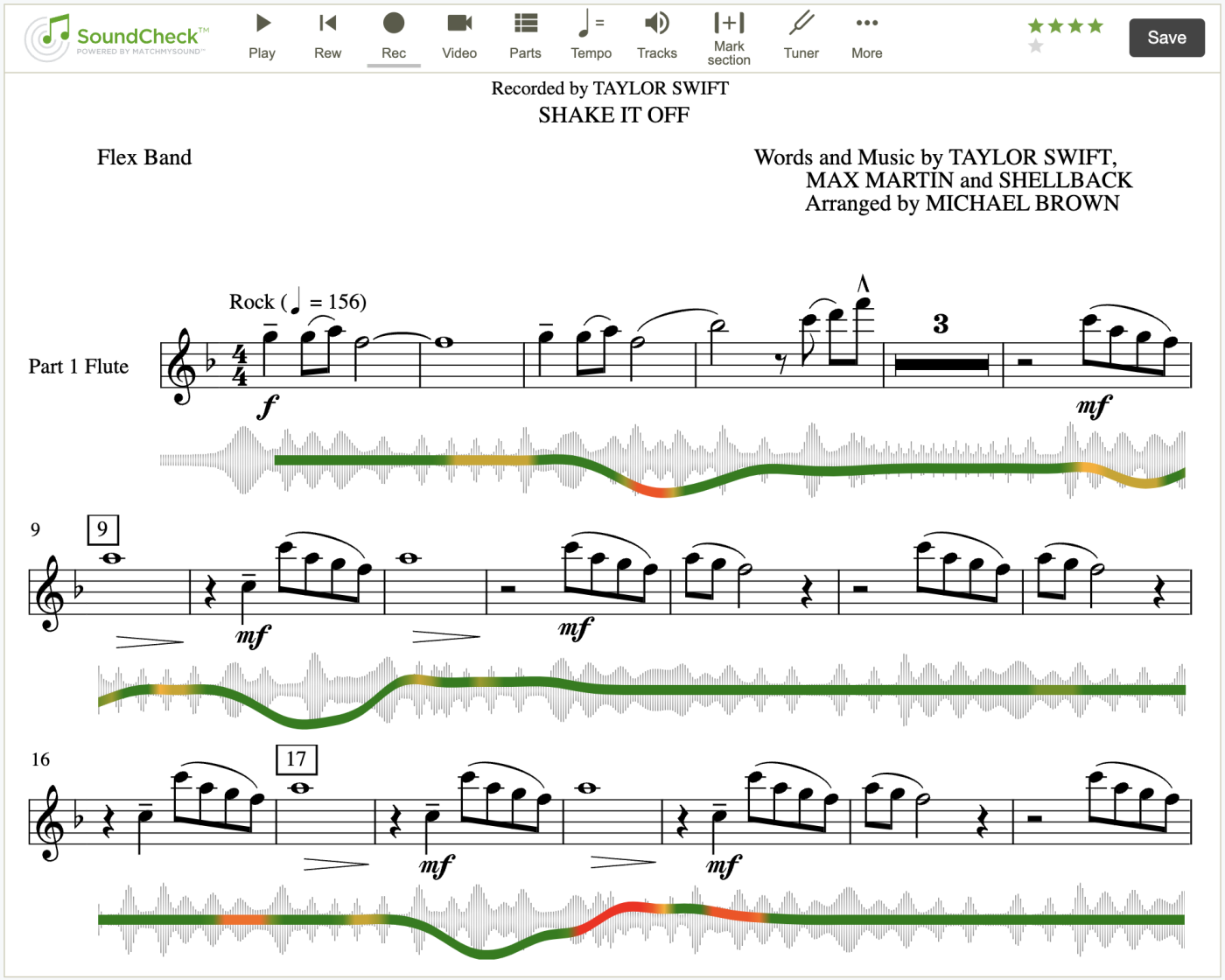 "Shake It Off" by Taylor Swift sheet music displayed in SoundCheck assessment software