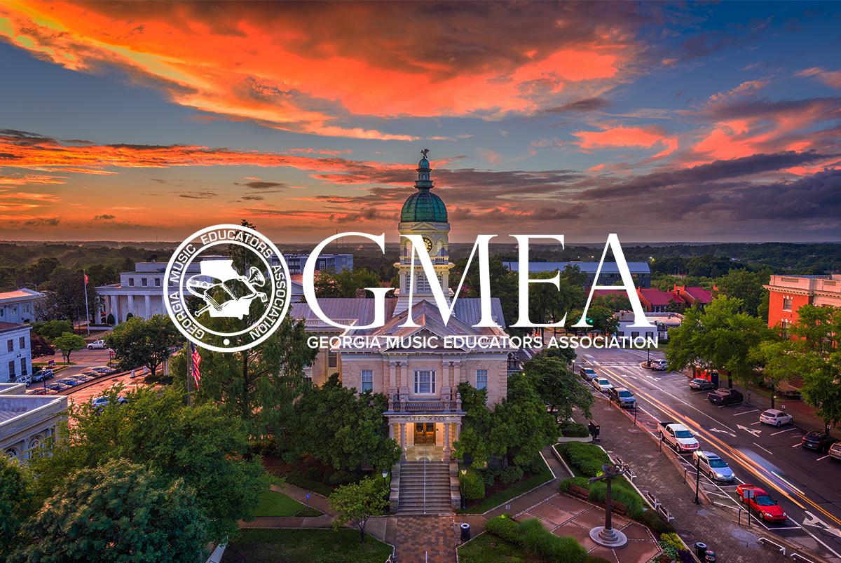 City of Athens, GA at sunset with Georgia Music Educators Association Logo overlayed on image