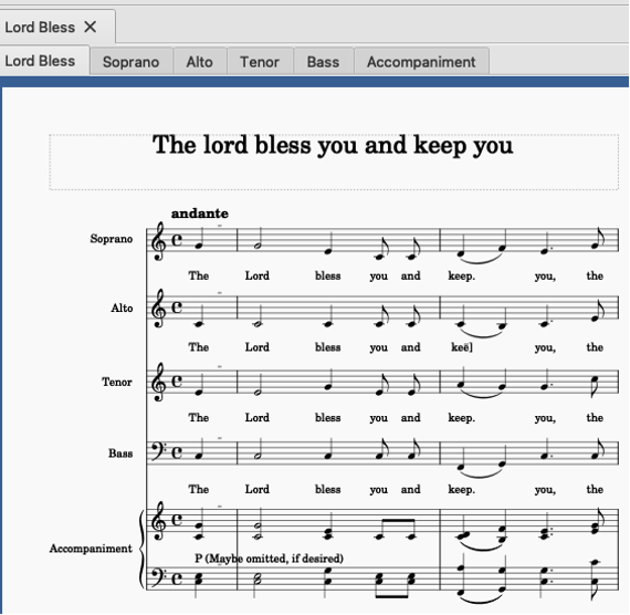 "The lord bless you and keep you" choral score .xml file open in Musescore notation software