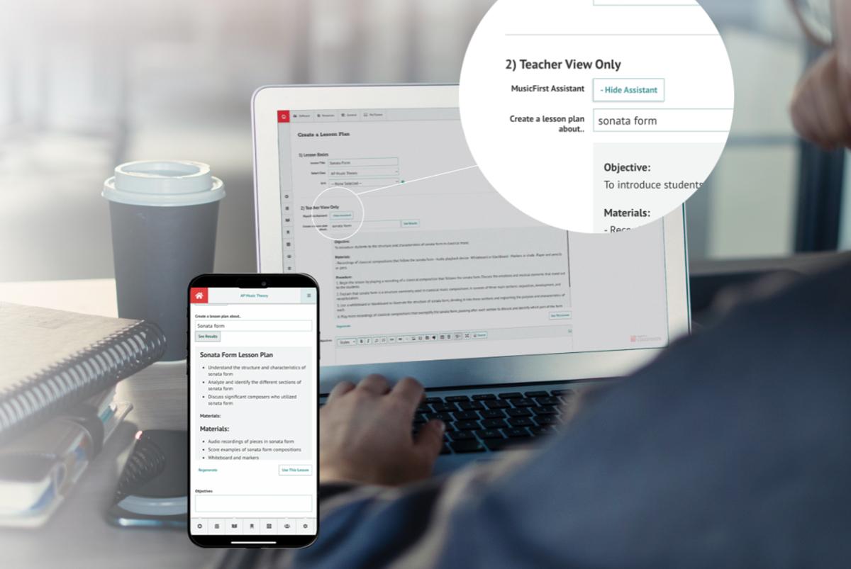 MusicFirst Classroom displayed on iPhone. In background, MusicFirst Classroom displayed on laptop with close-up on MusicFirst Assistant function.