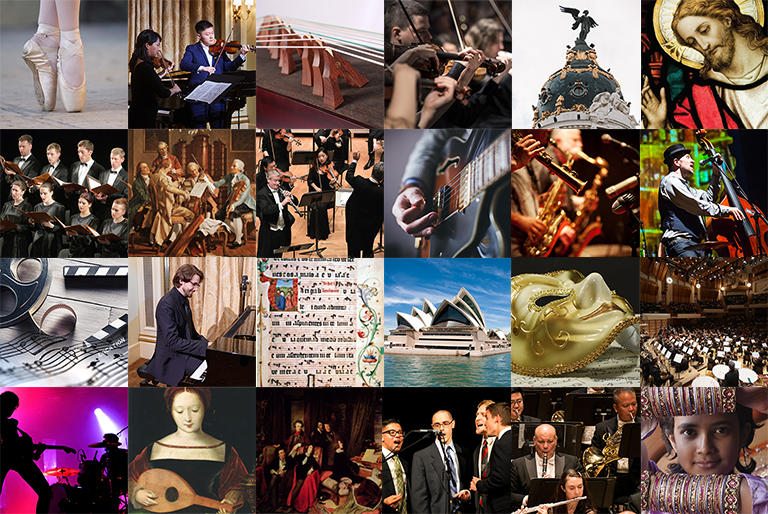 Collage of music photos representing different ensembles and time periods