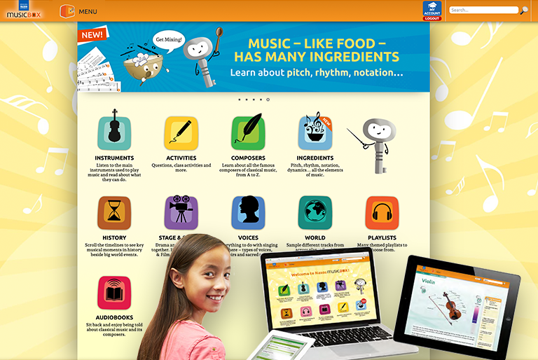 This image displays the vibrant and interactive interface of Naxos MusicBox, an educational platform designed to make learning music fun and engaging. It features various sections such as "Instruments," "Composers," "Activities," and more, each represented by colorful, intuitive icons. A young girl is shown using a laptop, engaging with the platform, emphasizing its user-friendly design that caters to young learners. 