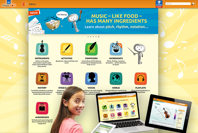 This image displays the vibrant and interactive interface of Naxos MusicBox, an educational platform designed to make learning music fun and engaging. It features various sections such as "Instruments," "Composers," "Activities," and more, each represented by colorful, intuitive icons. A young girl is shown using a laptop, engaging with the platform, emphasizing its user-friendly design that caters to young learners.