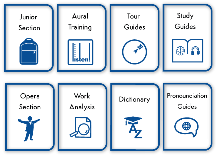  This image displays a collection of educational resources in a grid layout, each represented by a dark rectangular icon with white and blue elements. The categories include "Junior Section," "Aural Training," "Tour Guides," "Study Guides," "Opera Section," "Work Analysis," "Dictionary," and "Pronunciation Guides." Each icon features a related symbol, such as a backpack for the Junior Section and a book for the Dictionary, to visually represent the content of each educational resource.