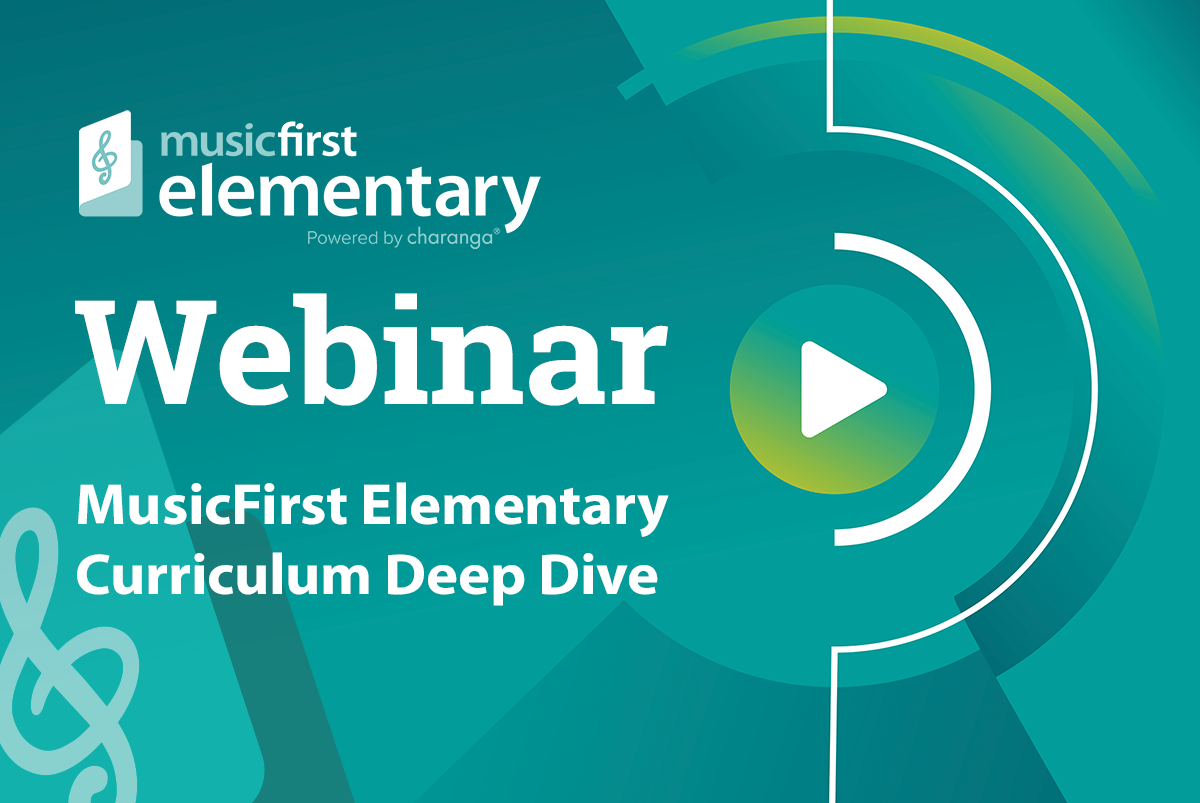  ChatGPT The image features a promotional graphic for a webinar titled "MusicFirst Elementary Curriculum Deep Dive." The background is teal with abstract design elements, including a large play button icon. The top left corner displays the "musicfirst elementary" logo, accompanied by the text "Powered by Charanga." Below the logo, the word "Webinar" is prominently displayed in bold white letters, followed by the webinar title "MusicFirst Elementary Curriculum Deep Dive" in smaller white text. 