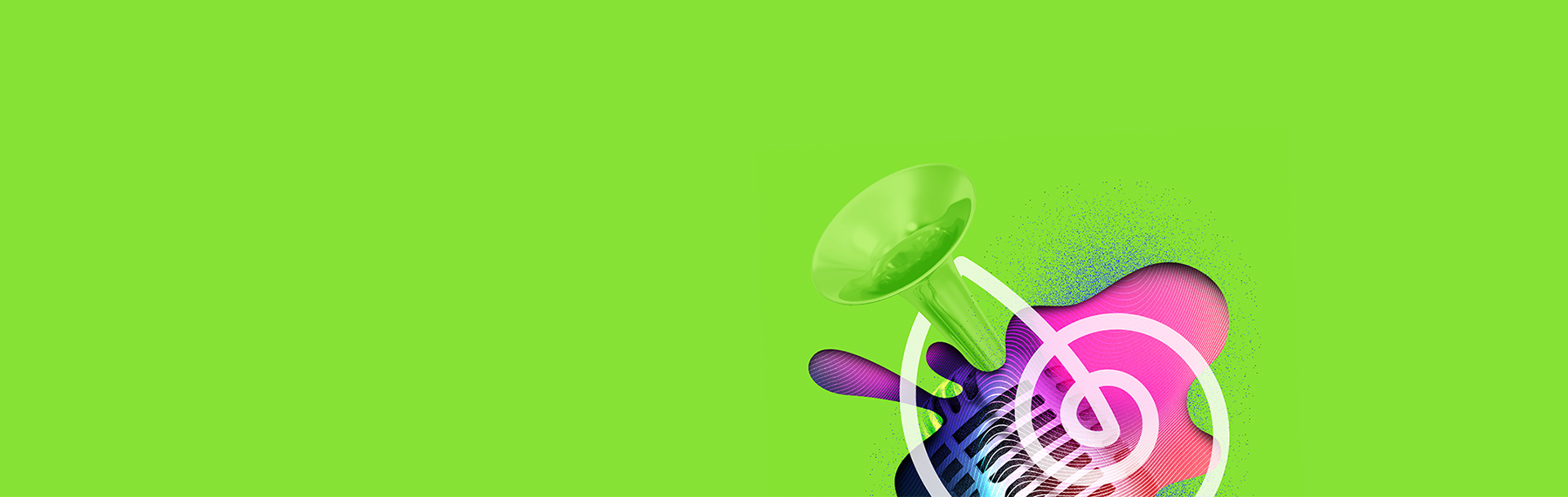Bright green background with abstract picture, including Auralia snail icon and trumpet