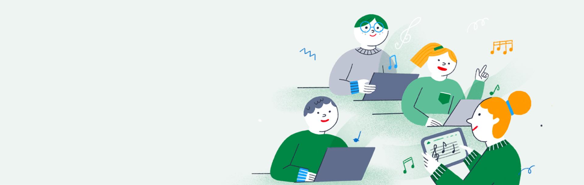 Pale green background with hand-drawn illustration of four students singing and using Flat for Education on laptops & tablets
