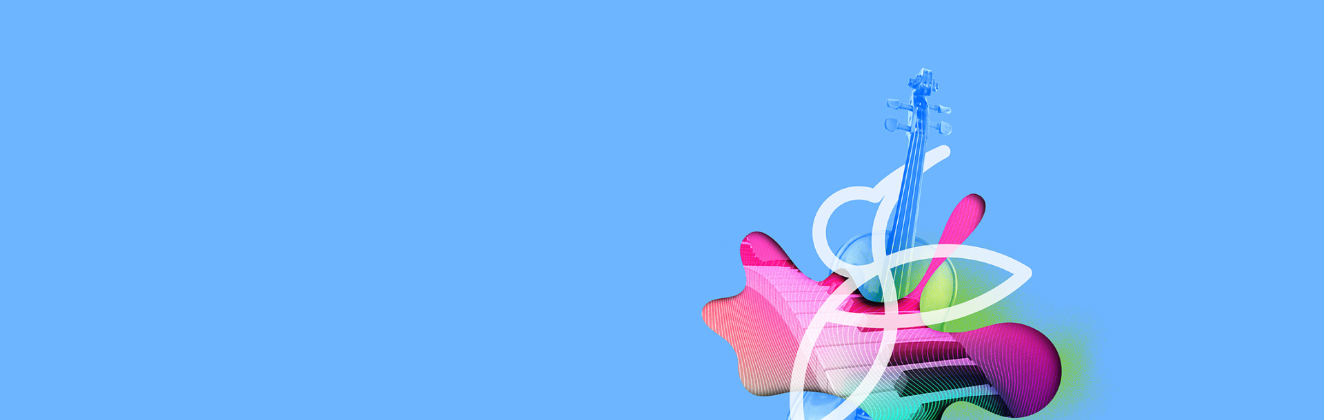 Blue background with abstract neon image featuring Musition bird icon