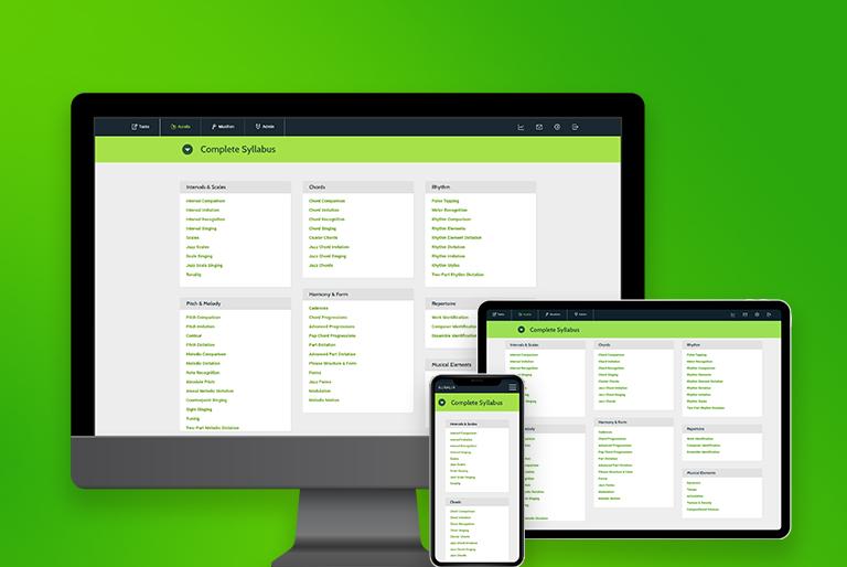 Auralia software displayed on three devices on green background: desktop computer, mobile phone, tablet