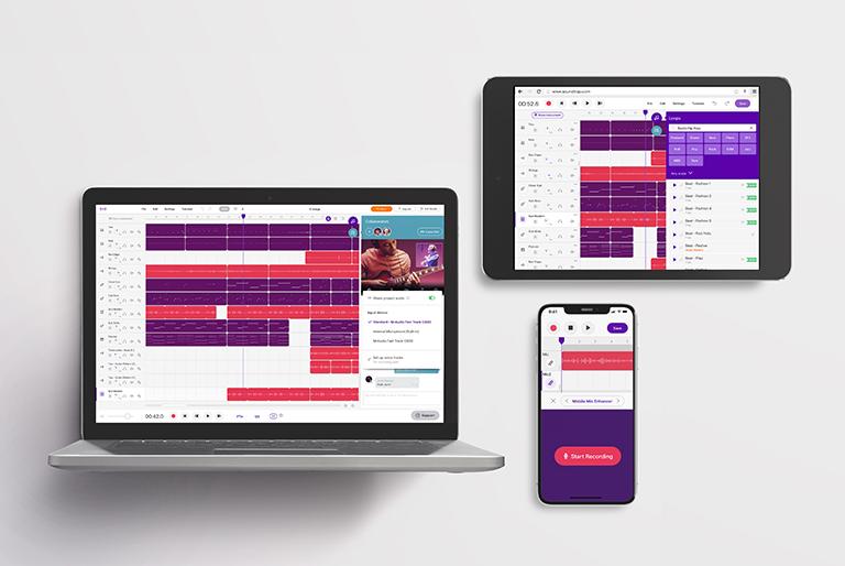 Soundtrap for Education software displayed on three devices on grey background: Macbook, iPhone, and iPad