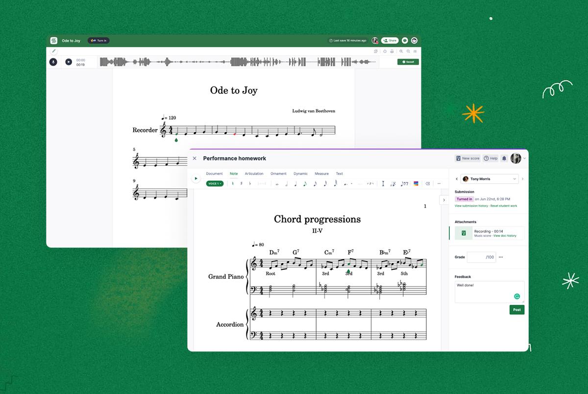 Green background with two browser screens displaying Flat for Education notation software