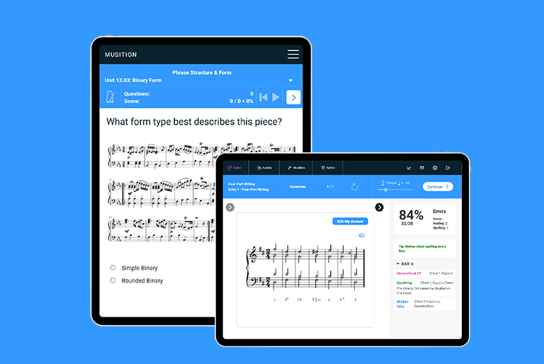 Musition software displayed on vertical and horizontal iPads over blue background